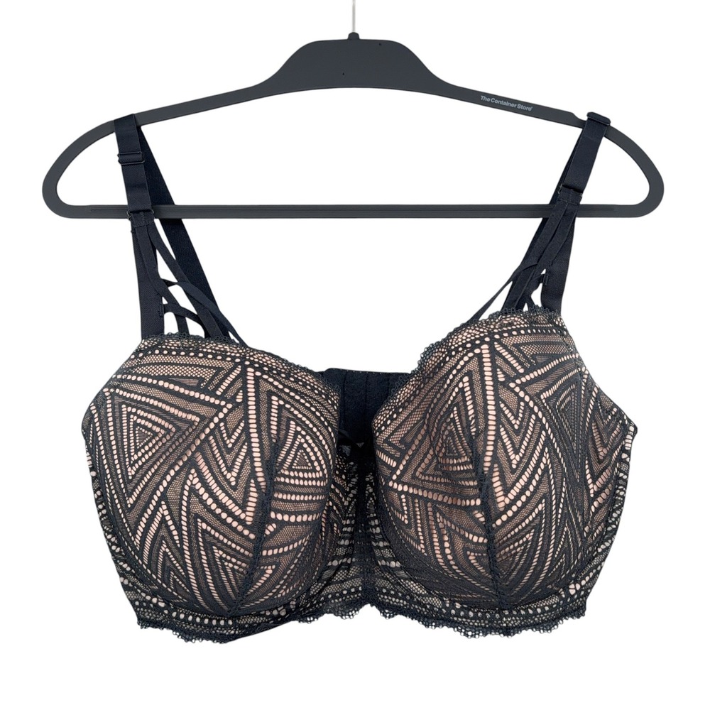 Adore Me Geometric Lace Strappy Underwire Bra Women 38G Nylon Spandex Black Nude